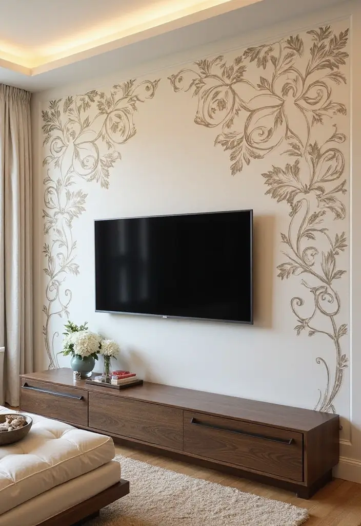 26 TV Wall Ideas You’ll Wish You Tried Sooner 43 26 TV Wall Ideas You’ll Wish You Tried Sooner - 7. Decorative Wall Stencils