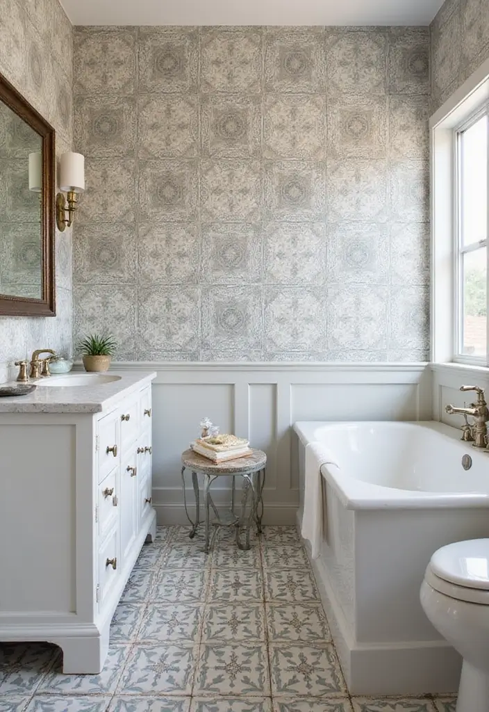 26 Wallpaper Bathroom Ideas That Transform Plain Walls into Art 133 26 Wallpaper Bathroom Ideas That Transform Plain Walls into Art - 21. Artistic Tiles