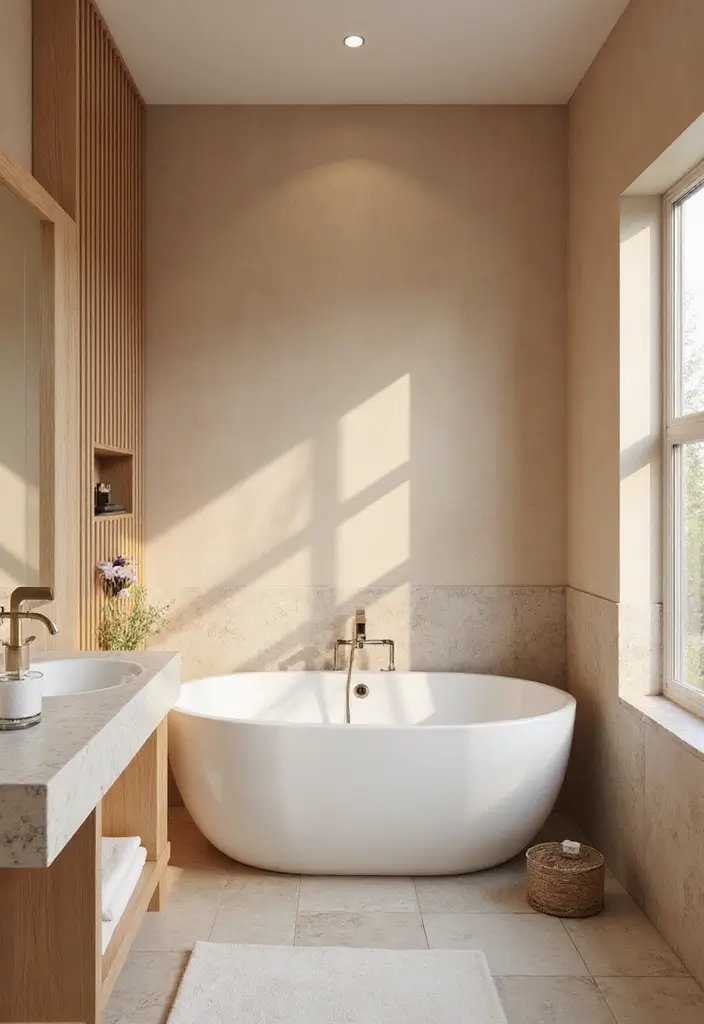 26 Wallpaper Bathroom Ideas That Transform Plain Walls into Art 140 26 Wallpaper Bathroom Ideas That Transform Plain Walls into Art - 22. Warm Neutrals