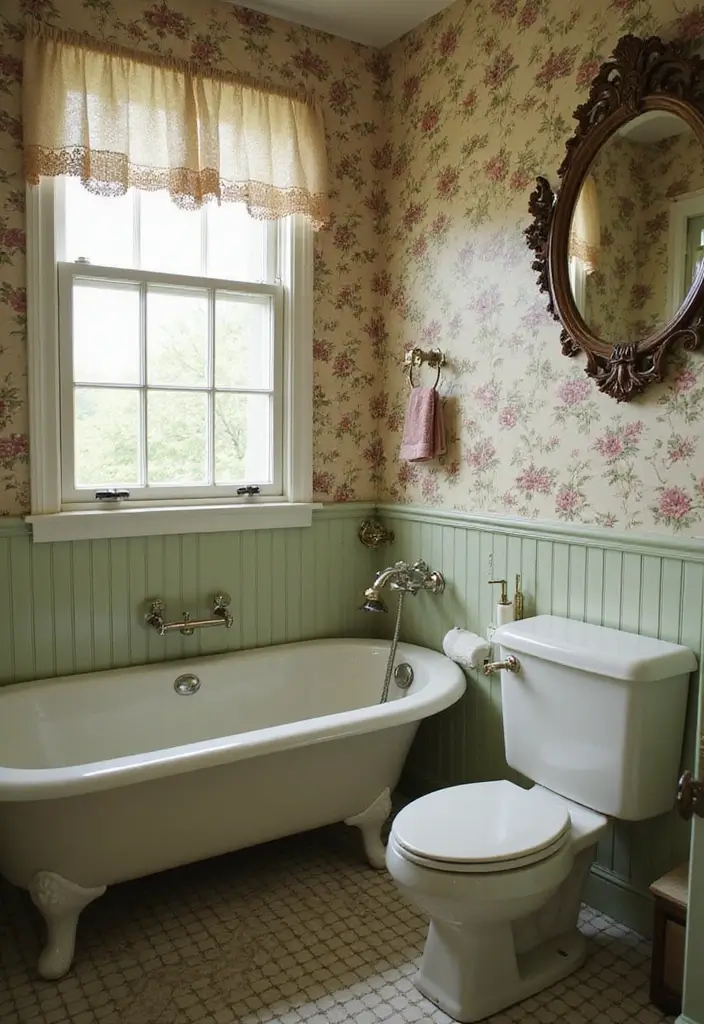 26 Wallpaper Bathroom Ideas That Transform Plain Walls into Art 22 26 Wallpaper Bathroom Ideas That Transform Plain Walls into Art - 4. Charming Vintage