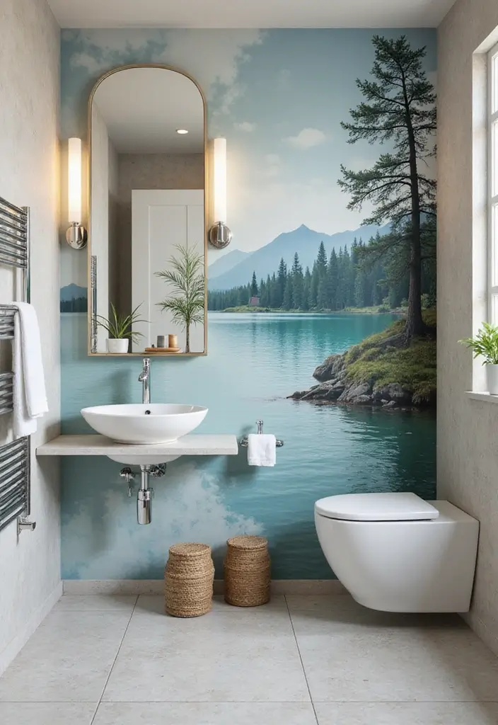 26 Wallpaper Bathroom Ideas That Transform Plain Walls into Art 55 26 Wallpaper Bathroom Ideas That Transform Plain Walls into Art - 9. Mural Magic