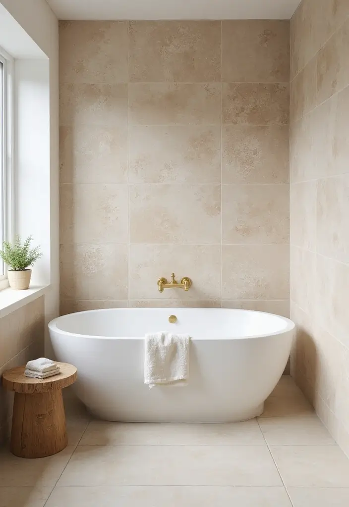 27 Beige Bathroom Ideas for a Calm and Elegant Look You’ll Love 64 27 Beige Bathroom Ideas for a Calm and Elegant Look You’ll Love - 10. Accent Walls with Beige Patterns