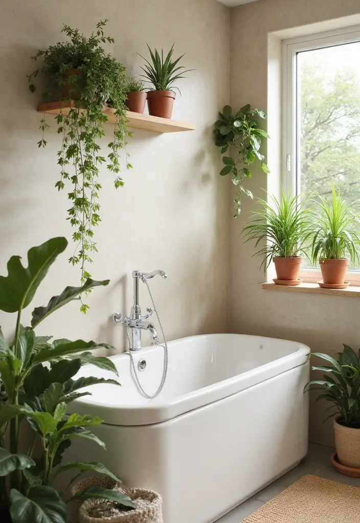 27 Beige Bathroom Ideas for a Calm and Elegant Look You’ll Love 106 27 Beige Bathroom Ideas for a Calm and Elegant Look You’ll Love - 16. Incorporating Greenery for a Fresh Touch