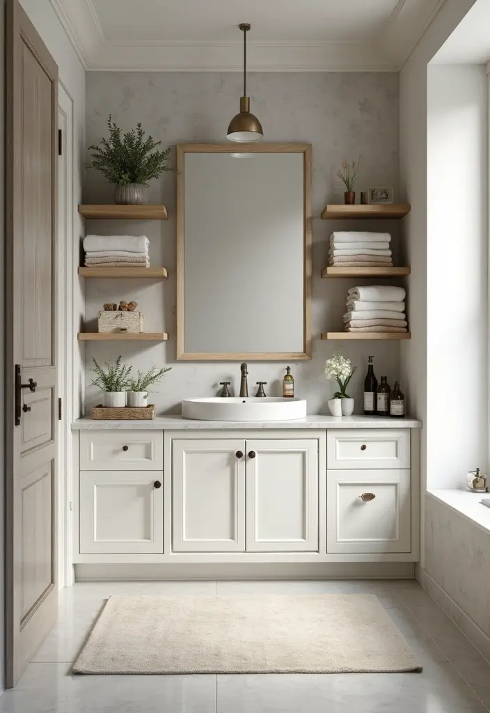 27 Beige Bathroom Ideas for a Calm and Elegant Look You’ll Love 120 27 Beige Bathroom Ideas for a Calm and Elegant Look You’ll Love - 18. Open Shelving for Easy Access