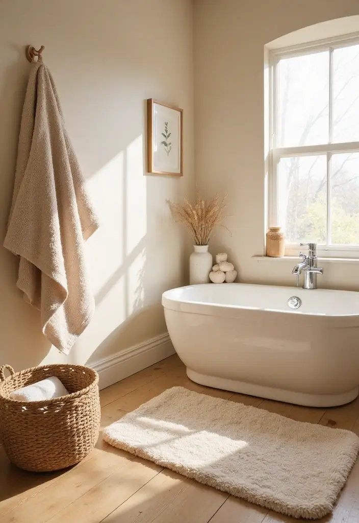27 Beige Bathroom Ideas for a Calm and Elegant Look You’ll Love 134 27 Beige Bathroom Ideas for a Calm and Elegant Look You’ll Love - 20. Soft Beige Accessories for a Touch of Comfort