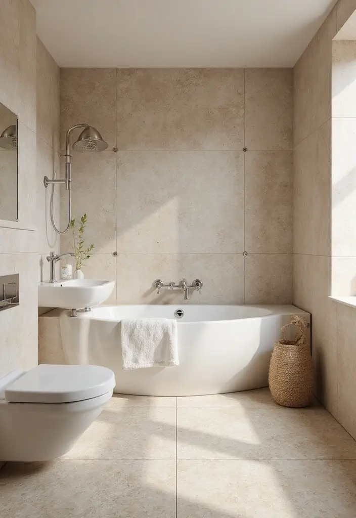 27 Beige Bathroom Ideas for a Calm and Elegant Look You’ll Love 148 27 Beige Bathroom Ideas for a Calm and Elegant Look You’ll Love - 22. Combining Patterns with Subtle Beige