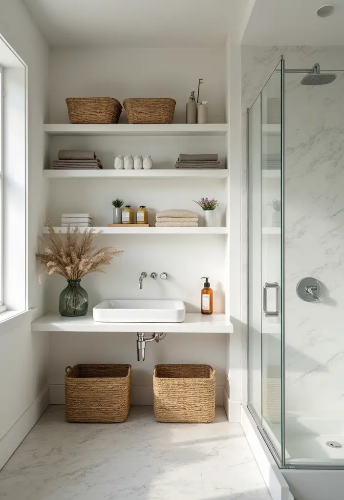 27 Beige Bathroom Ideas for a Calm and Elegant Look You’ll Love 50 27 Beige Bathroom Ideas for a Calm and Elegant Look You’ll Love - 8. Minimalist Bathroom Storage Solutions