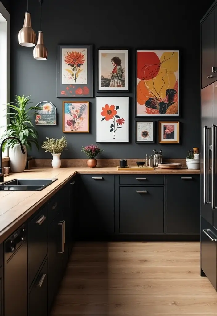 27 Black Kitchen Ideas For a Bold Sophisticated Look 85 27 Black Kitchen Ideas For a Bold Sophisticated Look - 13. Artistic Wall Decor