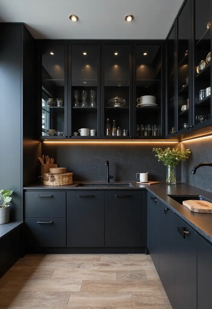 27 Black Kitchen Ideas For a Bold Sophisticated Look 127 27 Black Kitchen Ideas For a Bold Sophisticated Look - 19. Glass Accents