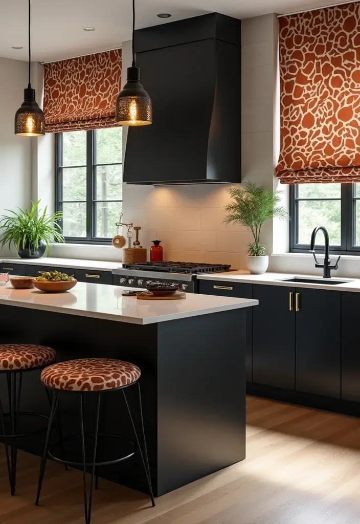 27 Black Kitchen Ideas For a Bold Sophisticated Look 155 27 Black Kitchen Ideas For a Bold Sophisticated Look - 23. Bold Patterns in Textiles