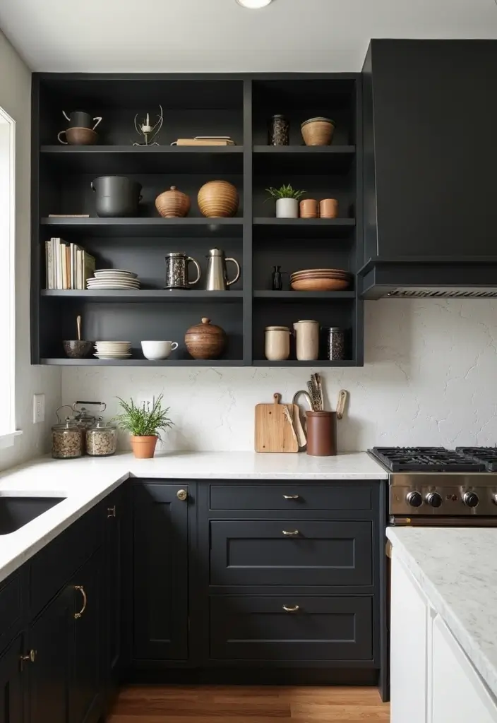 27 Black Kitchen Ideas For a Bold Sophisticated Look 57 27 Black Kitchen Ideas For a Bold Sophisticated Look - 9. Open Shelving