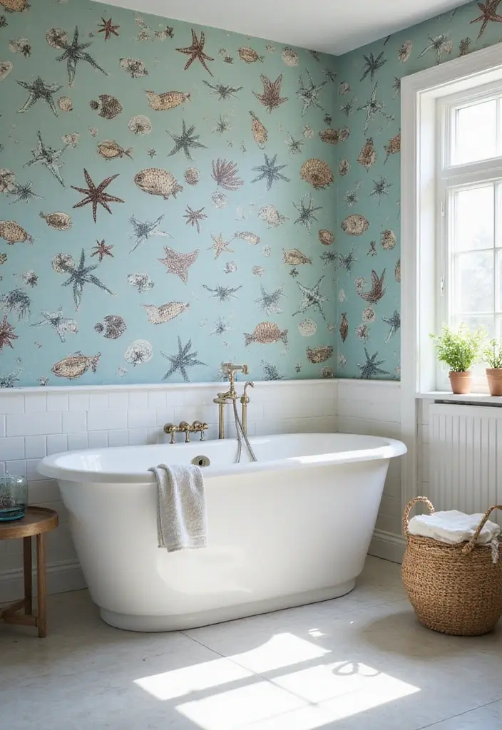 27 Coastal Bathroom Ideas With Relaxing Beach Vibes 125 27 Coastal Bathroom Ideas With Relaxing Beach Vibes - 19. Ocean-Inspired Wallpaper