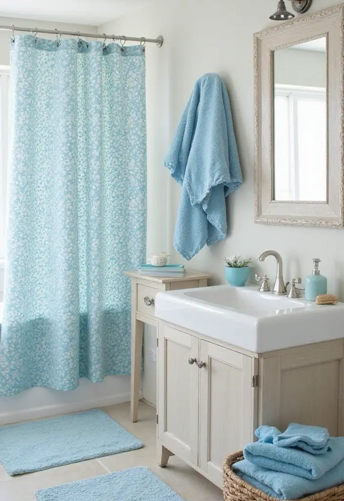 27 Coastal Bathroom Ideas With Relaxing Beach Vibes 22 27 Coastal Bathroom Ideas With Relaxing Beach Vibes - 4. Ocean-Inspired Textiles
