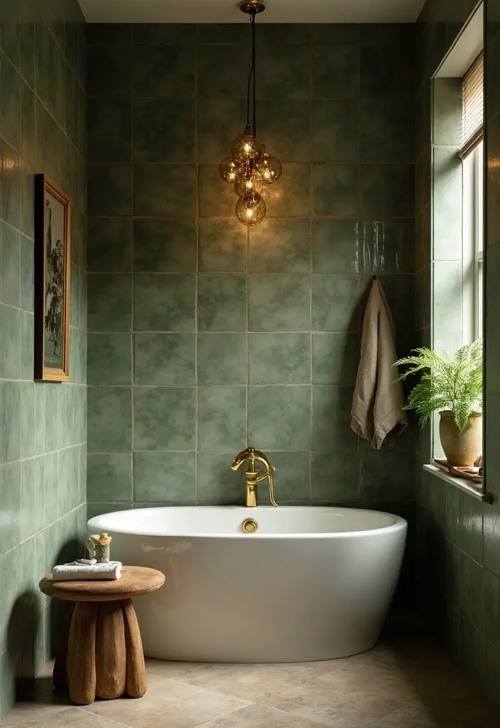27 Green Tile Bathroom Ideas That Bring Nature Indoors 99 27 Green Tile Bathroom Ideas That Bring Nature Indoors - 19. Olive Green and Brass Accents