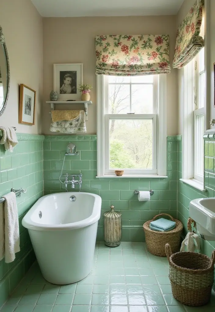 27 Green Tile Bathroom Ideas That Bring Nature Indoors 116 27 Green Tile Bathroom Ideas That Bring Nature Indoors - 22. Soft Green Tiles with Floral Accents