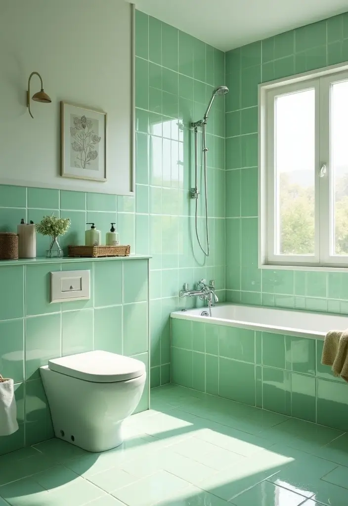 27 Green Tile Bathroom Ideas That Bring Nature Indoors 151 27 Green Tile Bathroom Ideas That Bring Nature Indoors - 27. Soft Green Grout with Tiles