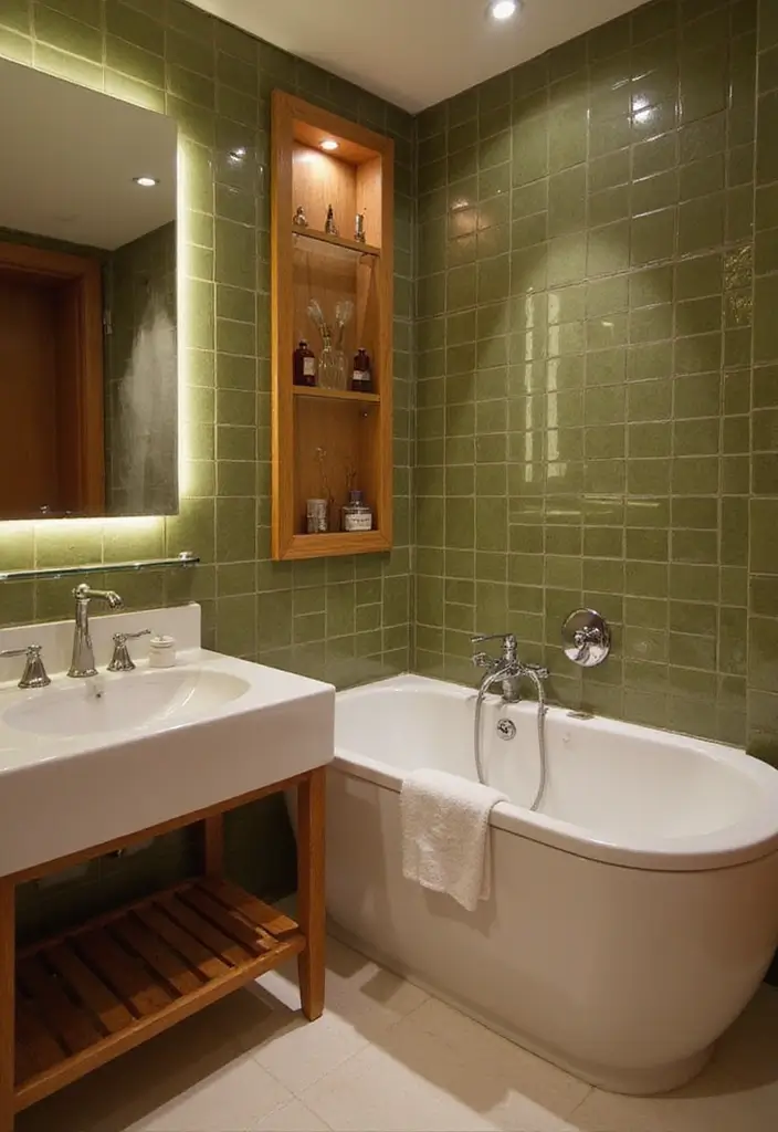 27 Green Tile Bathroom Ideas That Bring Nature Indoors 16 27 Green Tile Bathroom Ideas That Bring Nature Indoors - 4. Olive Green Tile Accents