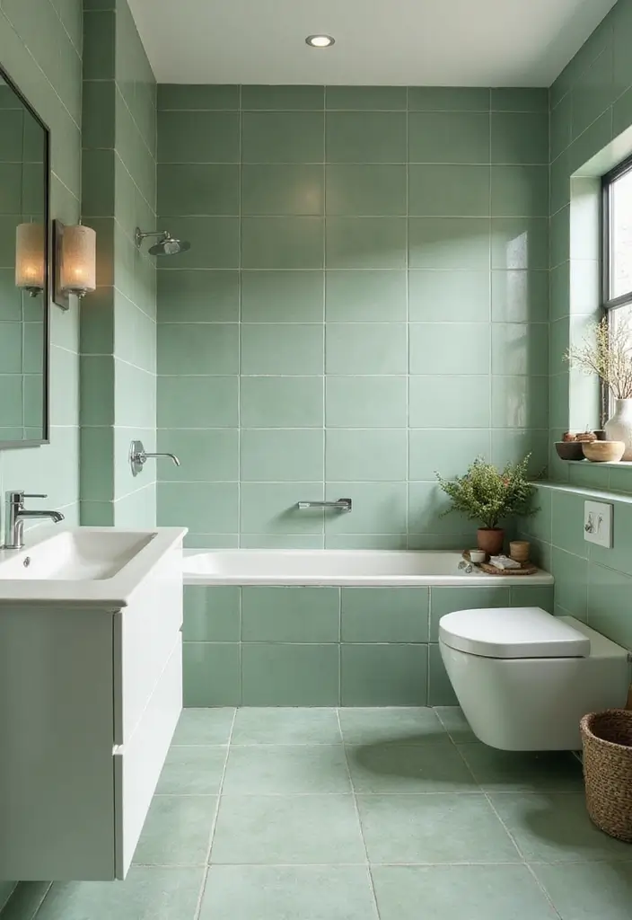27 Green Tile Bathroom Ideas That Bring Nature Indoors 40 27 Green Tile Bathroom Ideas That Bring Nature Indoors - 8. Soft Green Floor-to-Ceiling Tiles