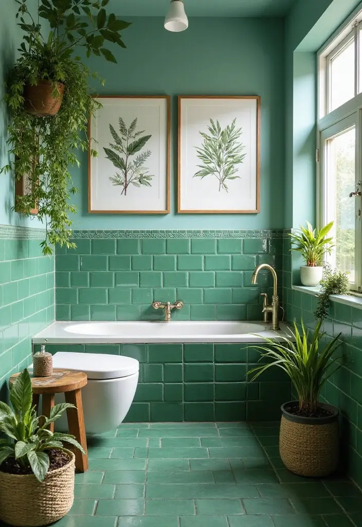 27 Green Tile Bathroom Ideas That Bring Nature Indoors 45 27 Green Tile Bathroom Ideas That Bring Nature Indoors - 9. Botanical Prints with Green Tiles