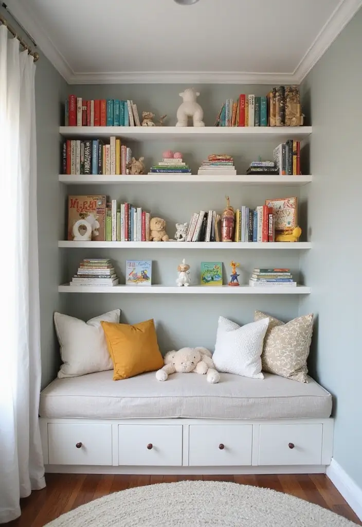 27 Nursery Wall Ideas That Feel Calm Cute and Dreamy - 21. Cozy Book Nook Wall