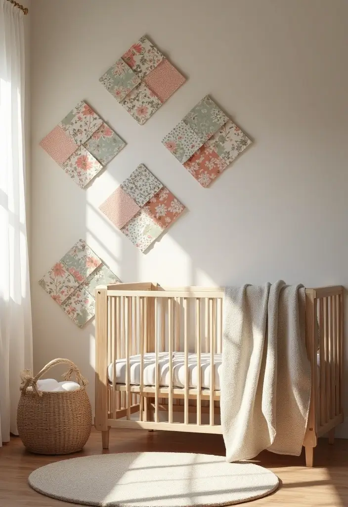 27 Nursery Wall Ideas That Feel Calm Cute and Dreamy - 26. Patchwork Quilts Inspired Decor