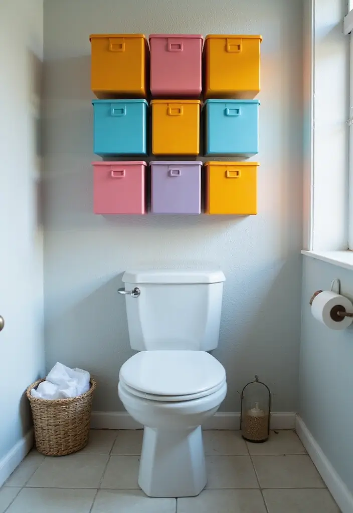 27 Over Toilet Storage Ideas That Save Space Beautifully 120 27 Over Toilet Storage Ideas That Save Space Beautifully - 18. Colorful Vinyl or Wooden Boxes