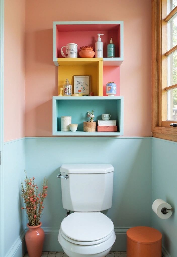 27 Over Toilet Storage Ideas That Save Space Beautifully 134 27 Over Toilet Storage Ideas That Save Space Beautifully - 20. Harmonious Color Block Shelves