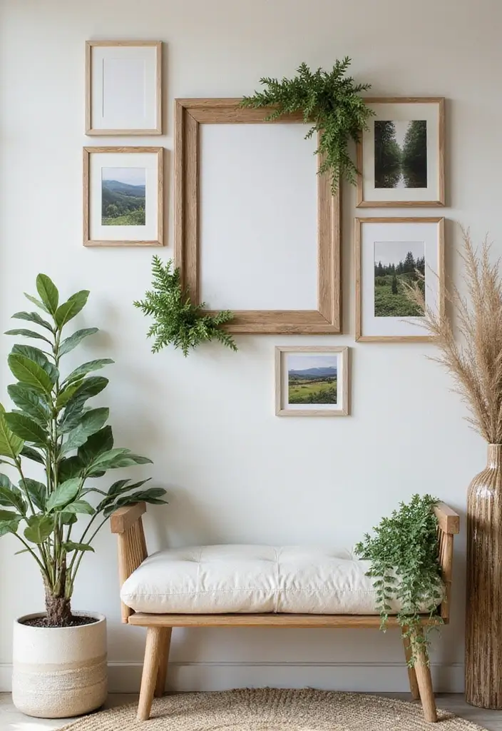 27 Photo Frame Wall Ideas To Make Every Memory Shine 118 27 Photo Frame Wall Ideas To Make Every Memory Shine - 18. Nature-Inspired Displays with Wood and Ferns