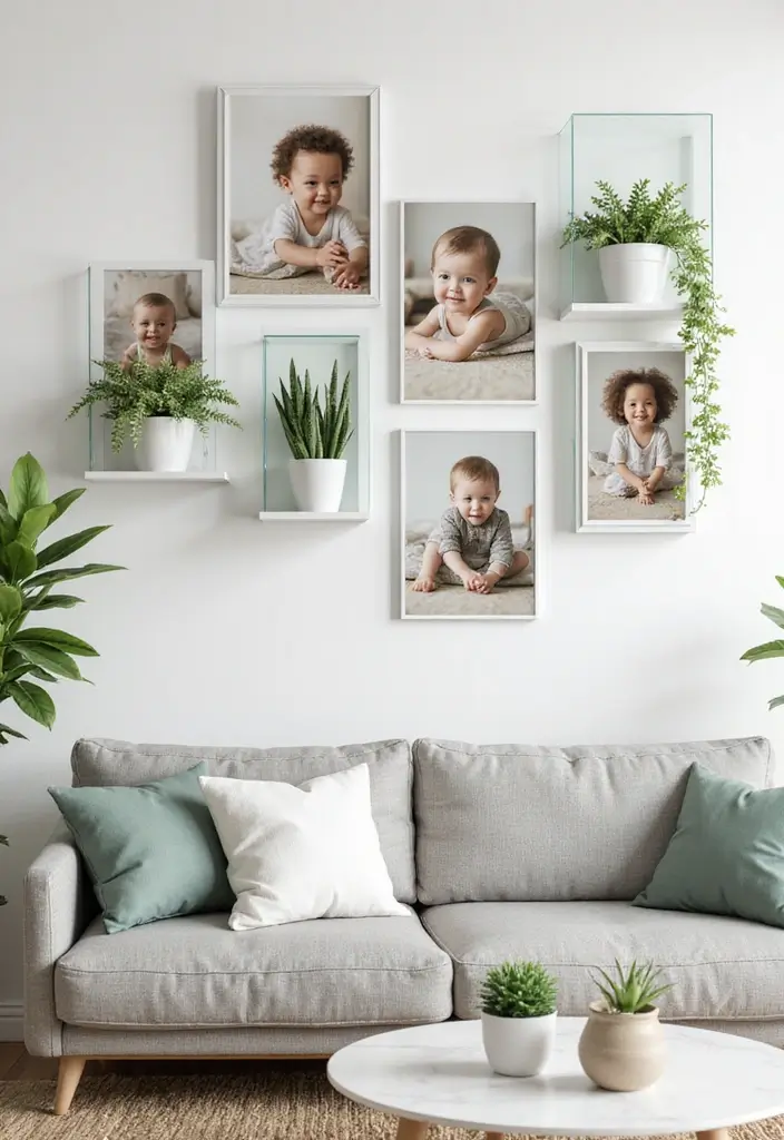 27 Photo Frame Wall Ideas To Make Every Memory Shine 8 27 Photo Frame Wall Ideas To Make Every Memory Shine - 2. Floating Frames with Plants