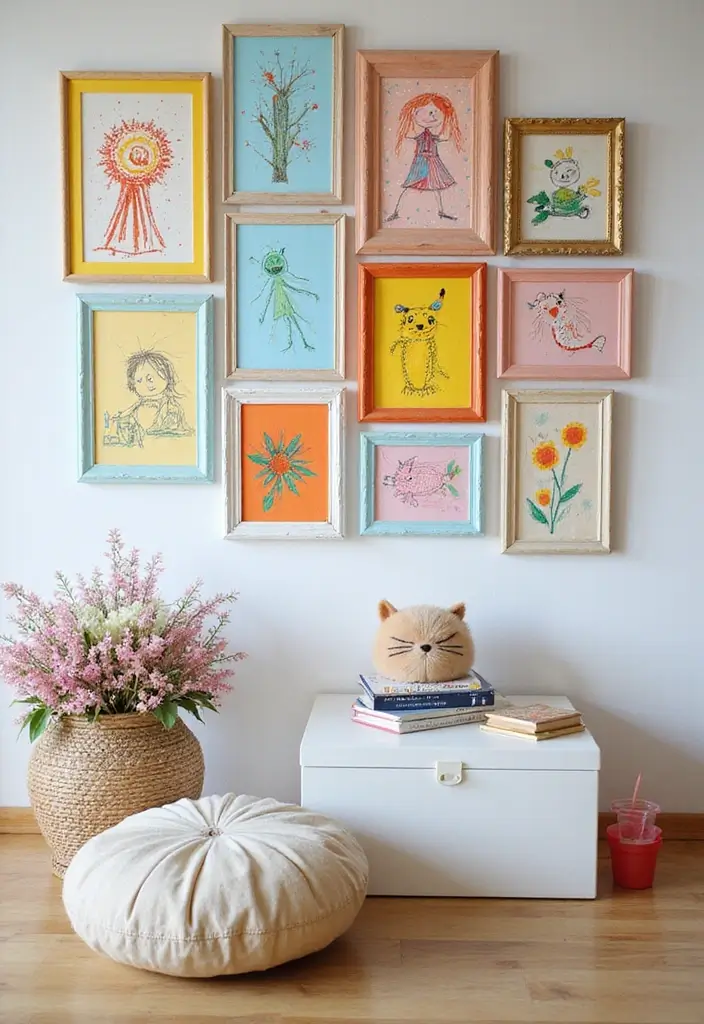 27 Photo Frame Wall Ideas To Make Every Memory Shine 160 27 Photo Frame Wall Ideas To Make Every Memory Shine - 24. Playful Frame Collages with Kids’ Artwork