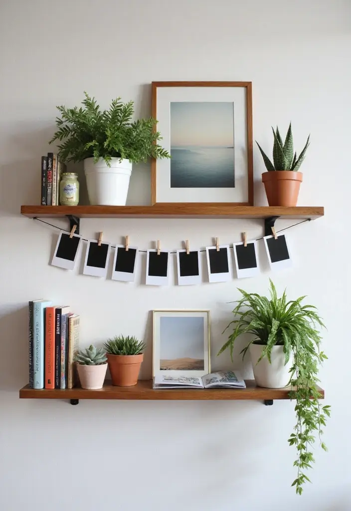 27 Polaroid Wall Ideas That Add Personality to Any Space 22 27 Polaroid Wall Ideas That Add Personality to Any Space - 4. Floating Shelves Display