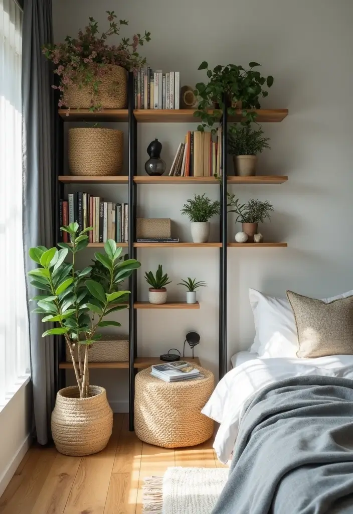 27 Small Bedroom Ideas That Maximize Every Inch 22 27 Small Bedroom Ideas That Maximize Every Inch - 4. Vertical Shelving Units