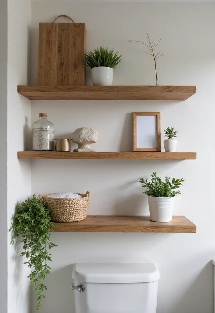 28 Earthy Bathroom Ideas to Create a Nature-Inspired Sanctuary 104 28 Earthy Bathroom Ideas to Create a Nature-Inspired Sanctuary - 16. Minimalist Shelving