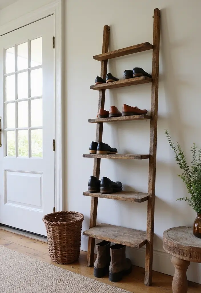 28 Entrance Shoe Storage Ideas For A Clean, Welcoming Entryway 105 28 Entrance Shoe Storage Ideas For A Clean, Welcoming Entryway - 17. Vintage Ladder Shoe Rack