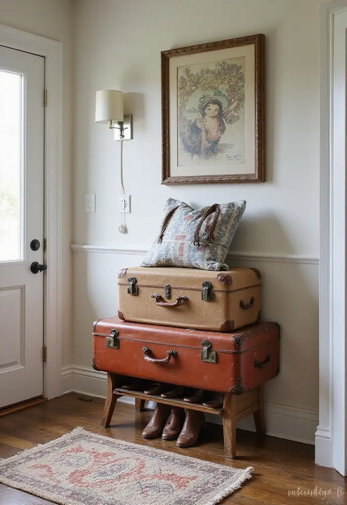 28 Entrance Shoe Storage Ideas For A Clean, Welcoming Entryway 22 28 Entrance Shoe Storage Ideas For A Clean, Welcoming Entryway - 4. Vintage Suitcase Storage