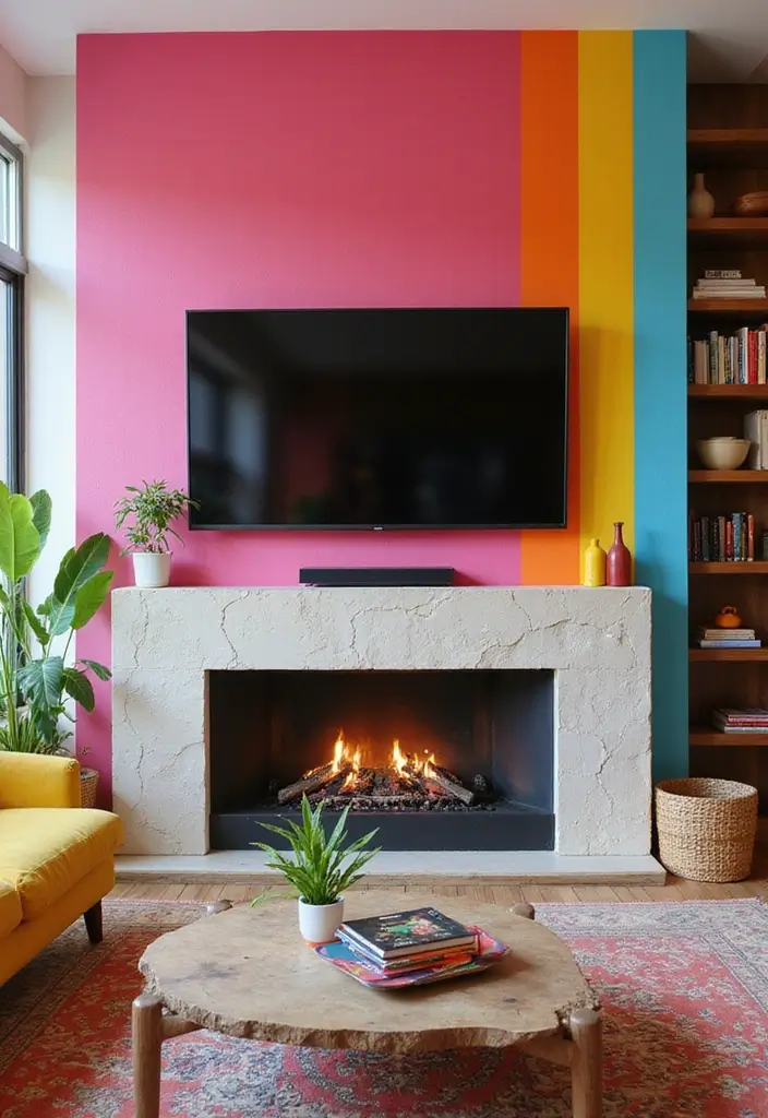 28 Fireplace Wall Ideas With TV That Feel Warm And Luxurious 106 28 Fireplace Wall Ideas With TV That Feel Warm And Luxurious - 16. Playful Color Pops