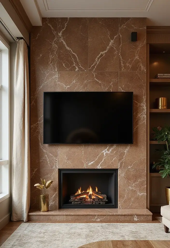 28 Fireplace Wall Ideas With TV That Feel Warm And Luxurious 113 28 Fireplace Wall Ideas With TV That Feel Warm And Luxurious - 17. Mocha Marble Elegance