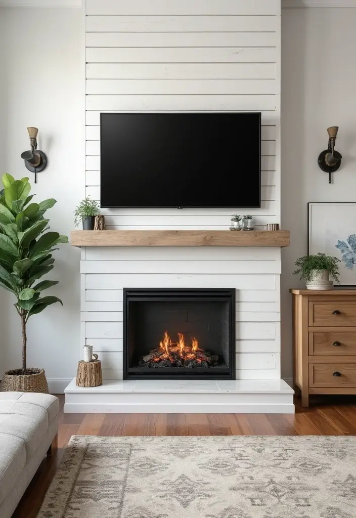 28 Fireplace Wall Ideas With TV That Feel Warm And Luxurious 8 28 Fireplace Wall Ideas With TV That Feel Warm And Luxurious - 2. Sleek White Shiplap