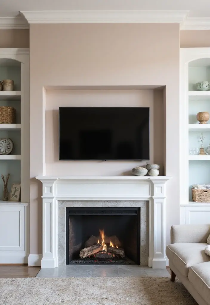 28 Fireplace Wall Ideas With TV That Feel Warm And Luxurious 134 28 Fireplace Wall Ideas With TV That Feel Warm And Luxurious - 20. Subtle Pastel Shades