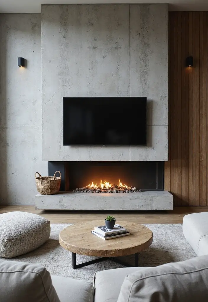 28 Fireplace Wall Ideas With TV That Feel Warm And Luxurious 50 28 Fireplace Wall Ideas With TV That Feel Warm And Luxurious - 8. Textured Concrete