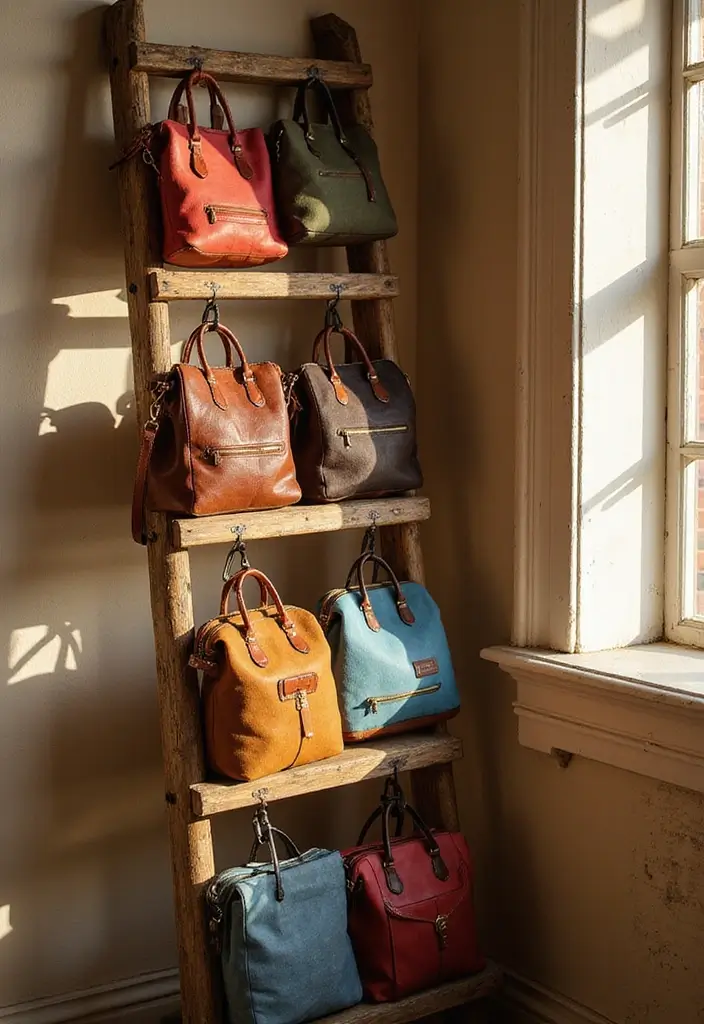 28 Purse Storage Ideas Every Fashion Lover Will Adore 13 28 Purse Storage Ideas Every Fashion Lover Will Adore - 3. Use a Ladder as a Purse Display