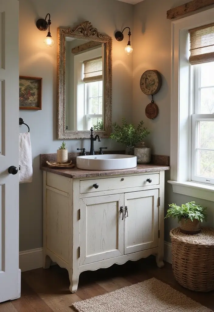 28 Rustic Bathroom Ideas That Bring Cozy Farmhouse Vibes Home 8 28 Rustic Bathroom Ideas That Bring Cozy Farmhouse Vibes Home - 2. Vintage Vanity Finds