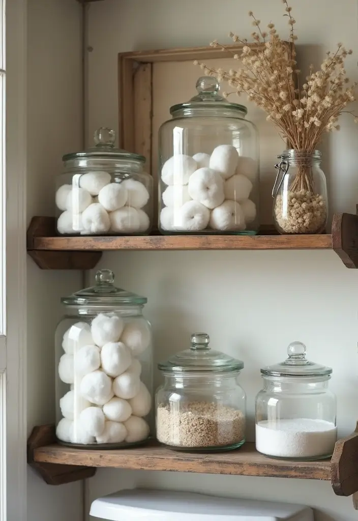 28 Rustic Bathroom Ideas That Bring Cozy Farmhouse Vibes Home 142 28 Rustic Bathroom Ideas That Bring Cozy Farmhouse Vibes Home - 21. Decorative Glass Jars