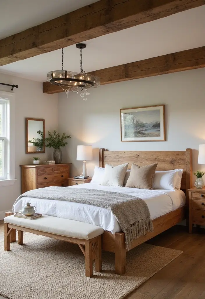 29 Farmhouse Bedroom Ideas With Rustic Cozy Vibes 64 29 Farmhouse Bedroom Ideas With Rustic Cozy Vibes - 10. Natural Wood Accents