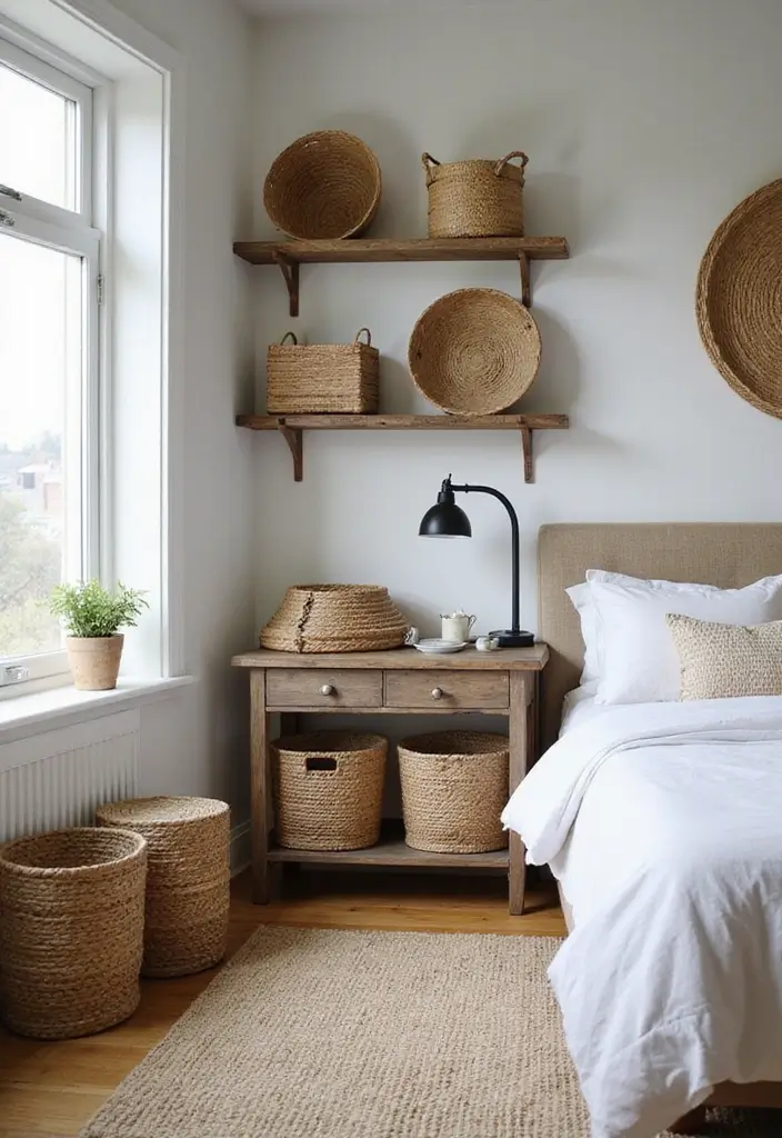 29 Farmhouse Bedroom Ideas With Rustic Cozy Vibes 78 29 Farmhouse Bedroom Ideas With Rustic Cozy Vibes - 12. Woven Baskets