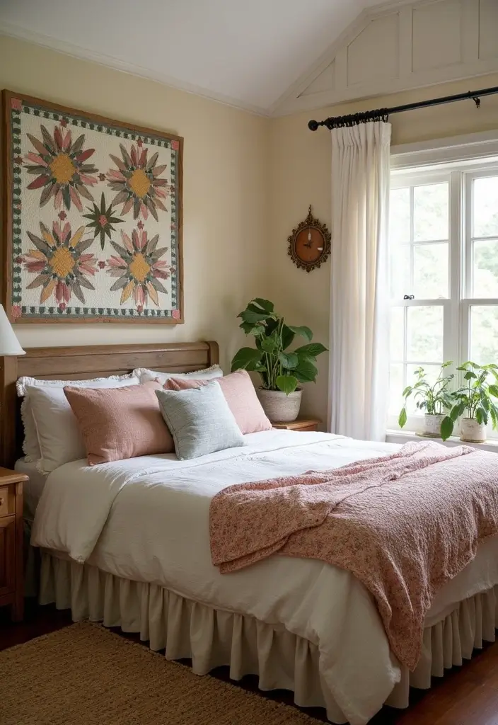 29 Farmhouse Bedroom Ideas With Rustic Cozy Vibes 106 29 Farmhouse Bedroom Ideas With Rustic Cozy Vibes - 16. Quilted Wall Hangings