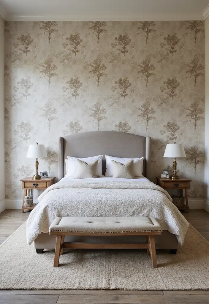 29 Farmhouse Bedroom Ideas With Rustic Cozy Vibes 141 29 Farmhouse Bedroom Ideas With Rustic Cozy Vibes - 21. Textured Wallpaper
