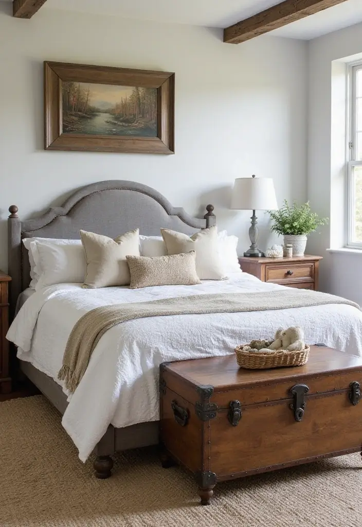 29 Farmhouse Bedroom Ideas With Rustic Cozy Vibes 155 29 Farmhouse Bedroom Ideas With Rustic Cozy Vibes - 23. Vintage Trunks and Storage