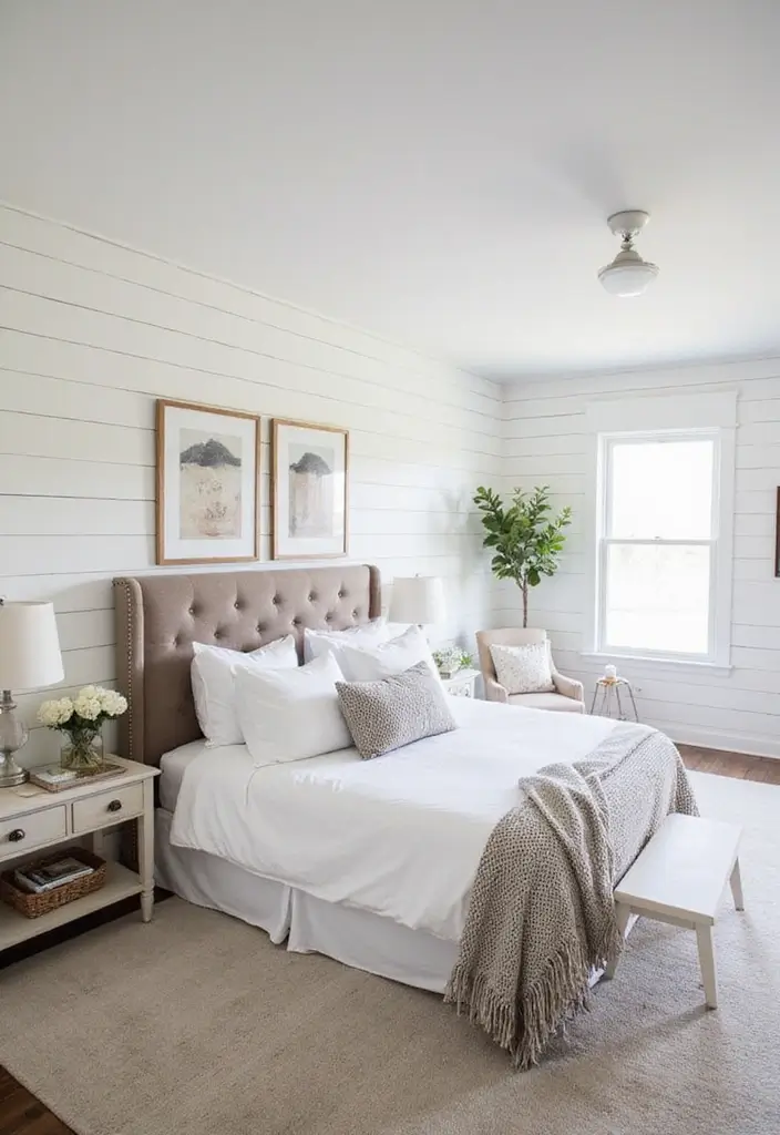 29 Farmhouse Bedroom Ideas With Rustic Cozy Vibes 176 29 Farmhouse Bedroom Ideas With Rustic Cozy Vibes - 26. Classic White Shiplap