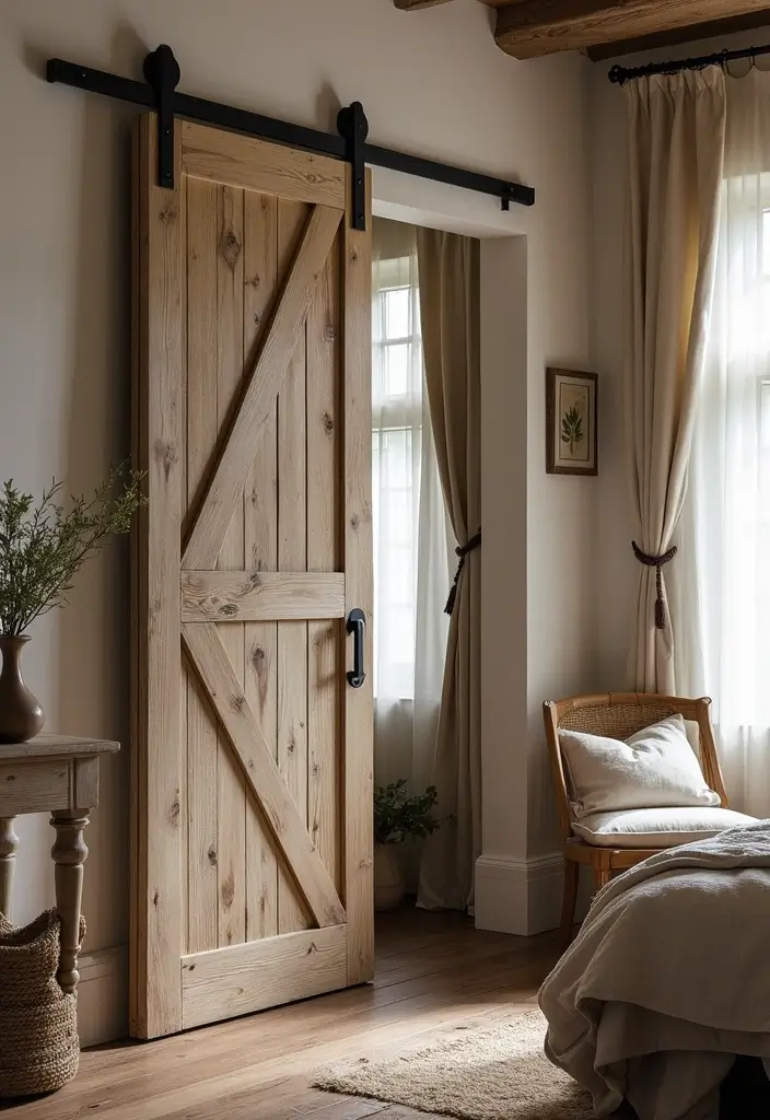 29 Farmhouse Bedroom Ideas With Rustic Cozy Vibes 15 29 Farmhouse Bedroom Ideas With Rustic Cozy Vibes - 3. Barn Door Accents